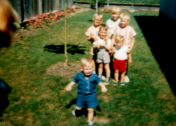 Susan's and sister Judy's Children LtoR Brian (front)-Timmie-Wade-Debbie-Jimmie-Kevin (red shorts)