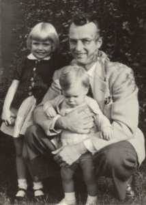 Susan's dad LaRue Croop and her older sister Judy 1943 5x7